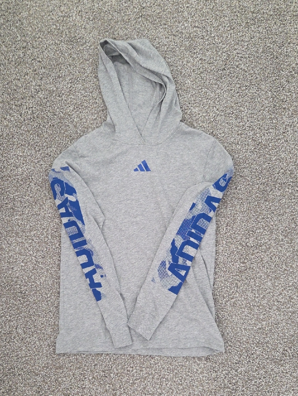 adidas Gray Hoodie Tee with Blue Sleeve Logo